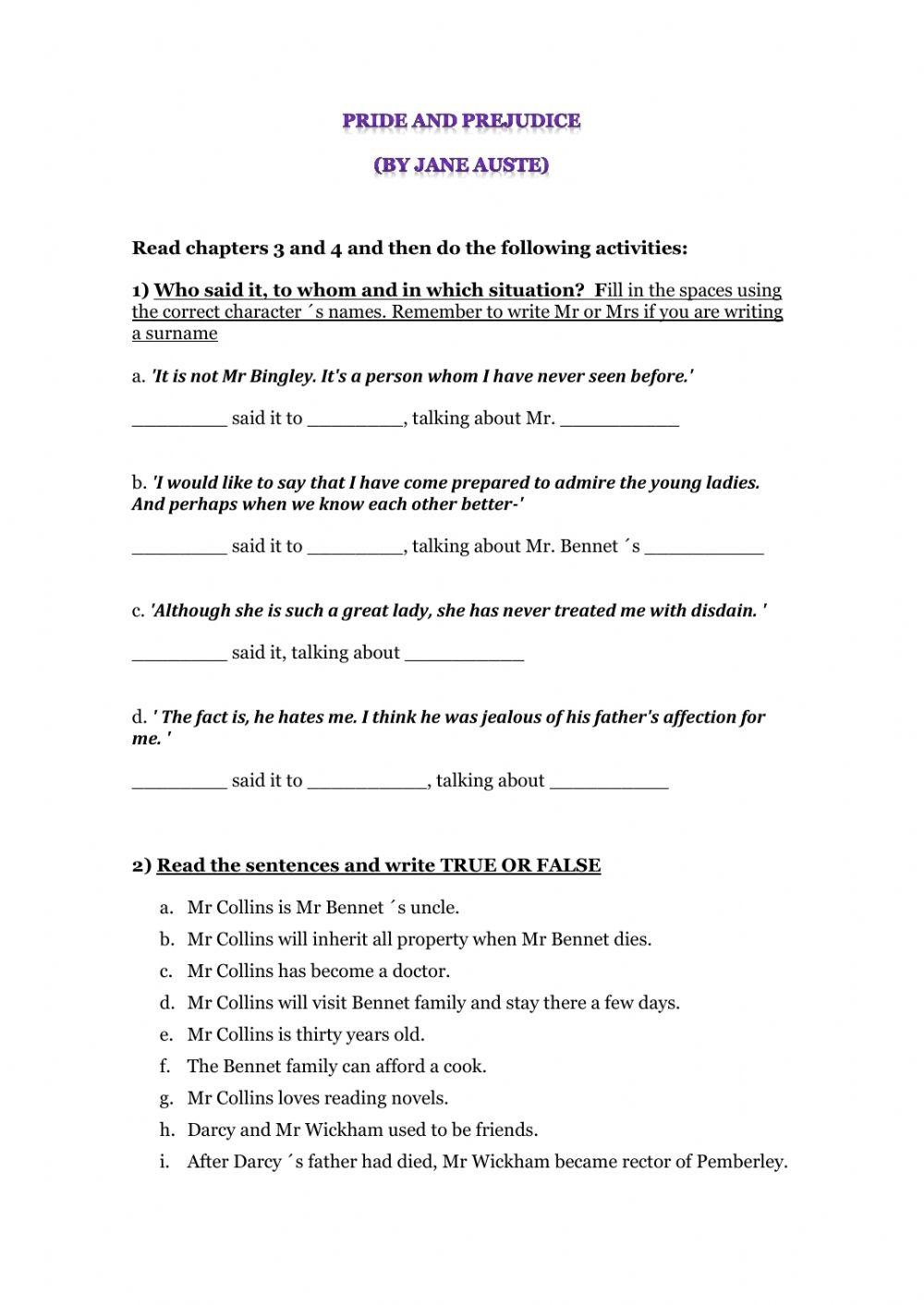 Pride And Prejiduce Reading Comprehension Worksheet