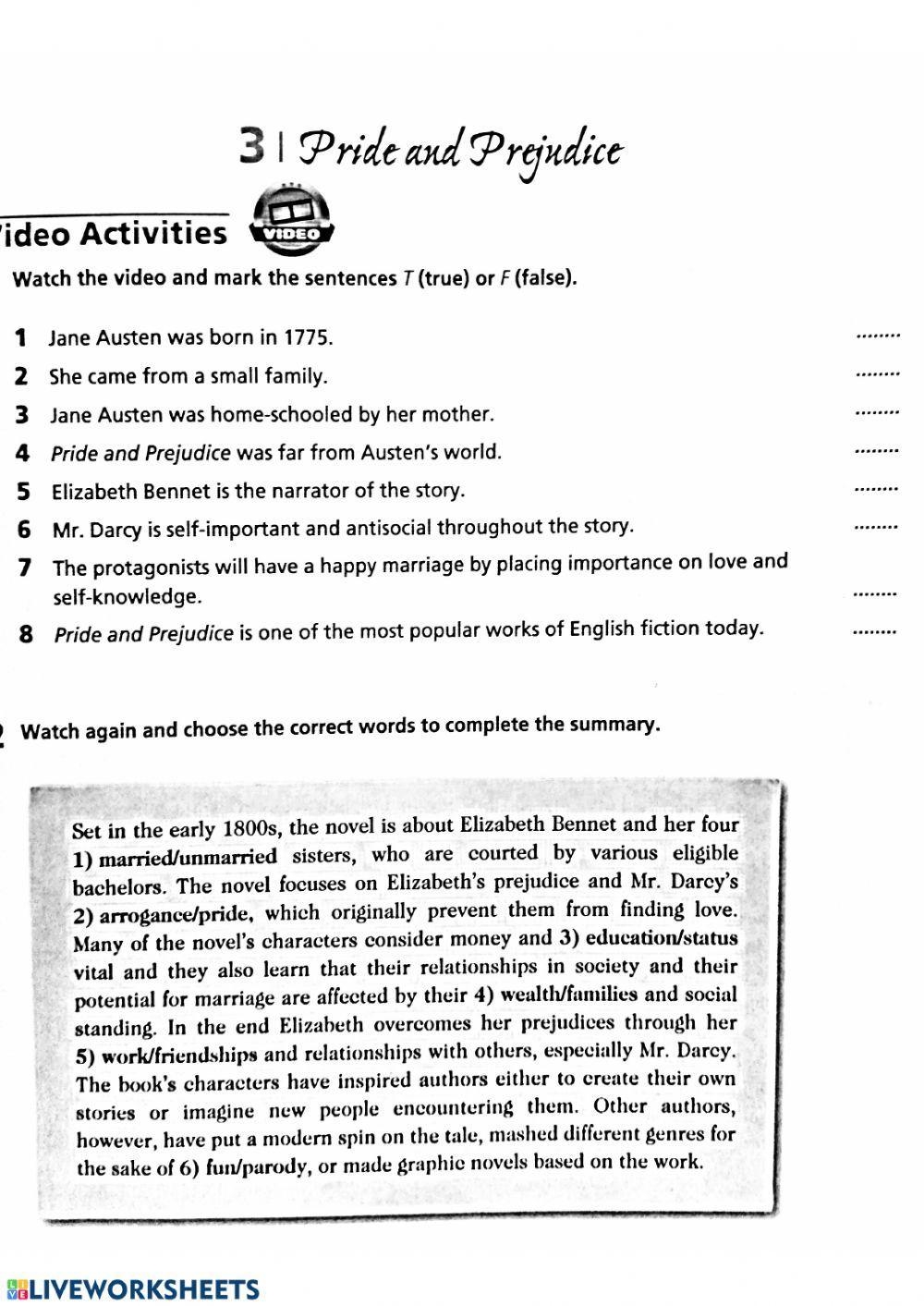 Pride And Prejudice Worksheet Live Worksheets Worksheets Library