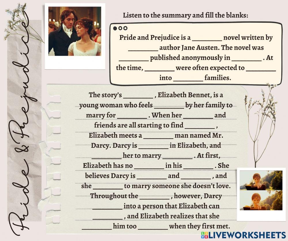 Pride U0026 Prejudice Summary Worksheet Live Worksheets Worksheets Library