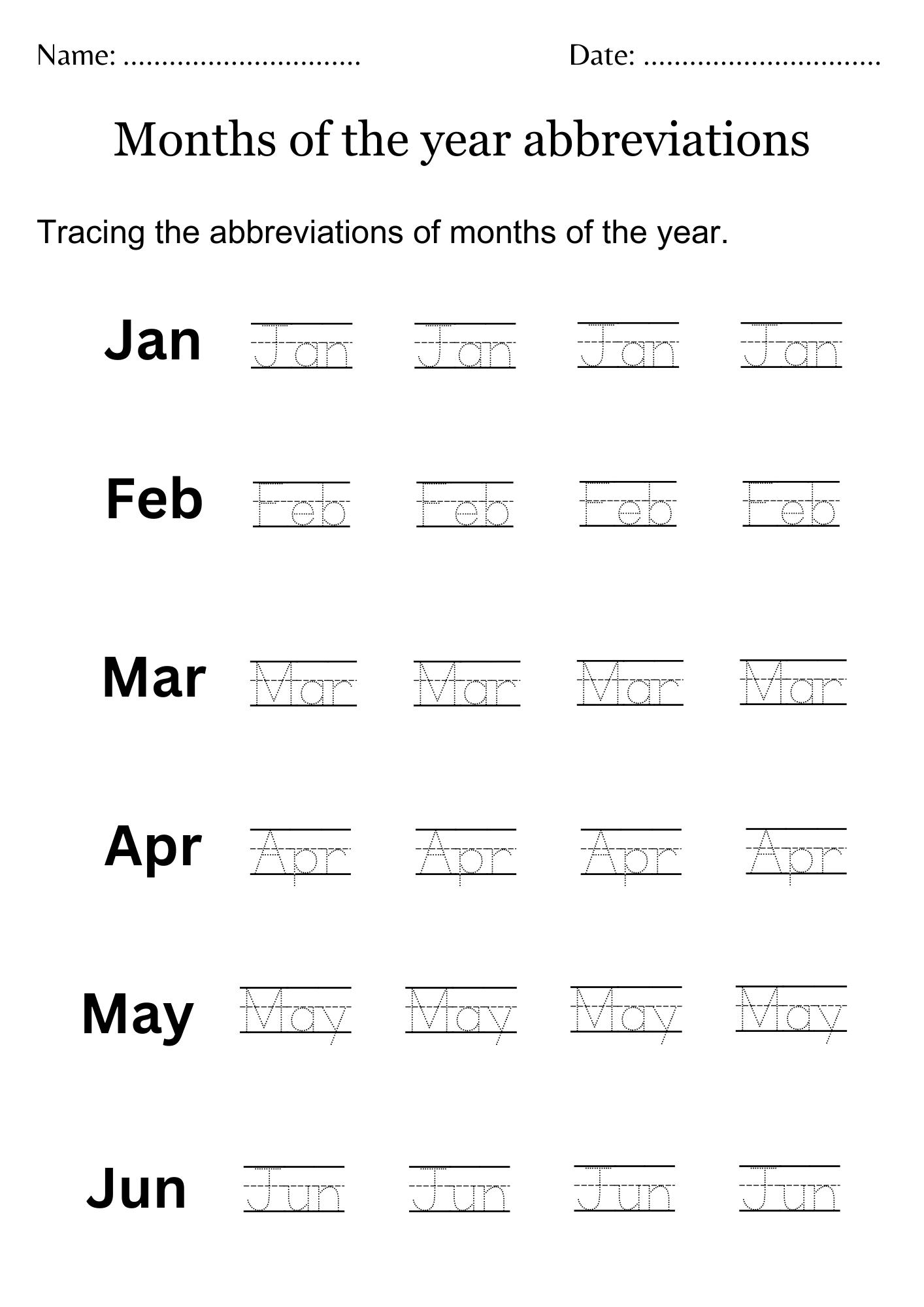 Printable Months Of The Year Abbreviations Worksheet For 