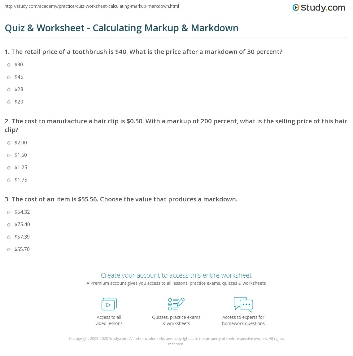 Quiz U0026 Worksheet Calculating Markup U0026 Markdown Study Worksheets Library