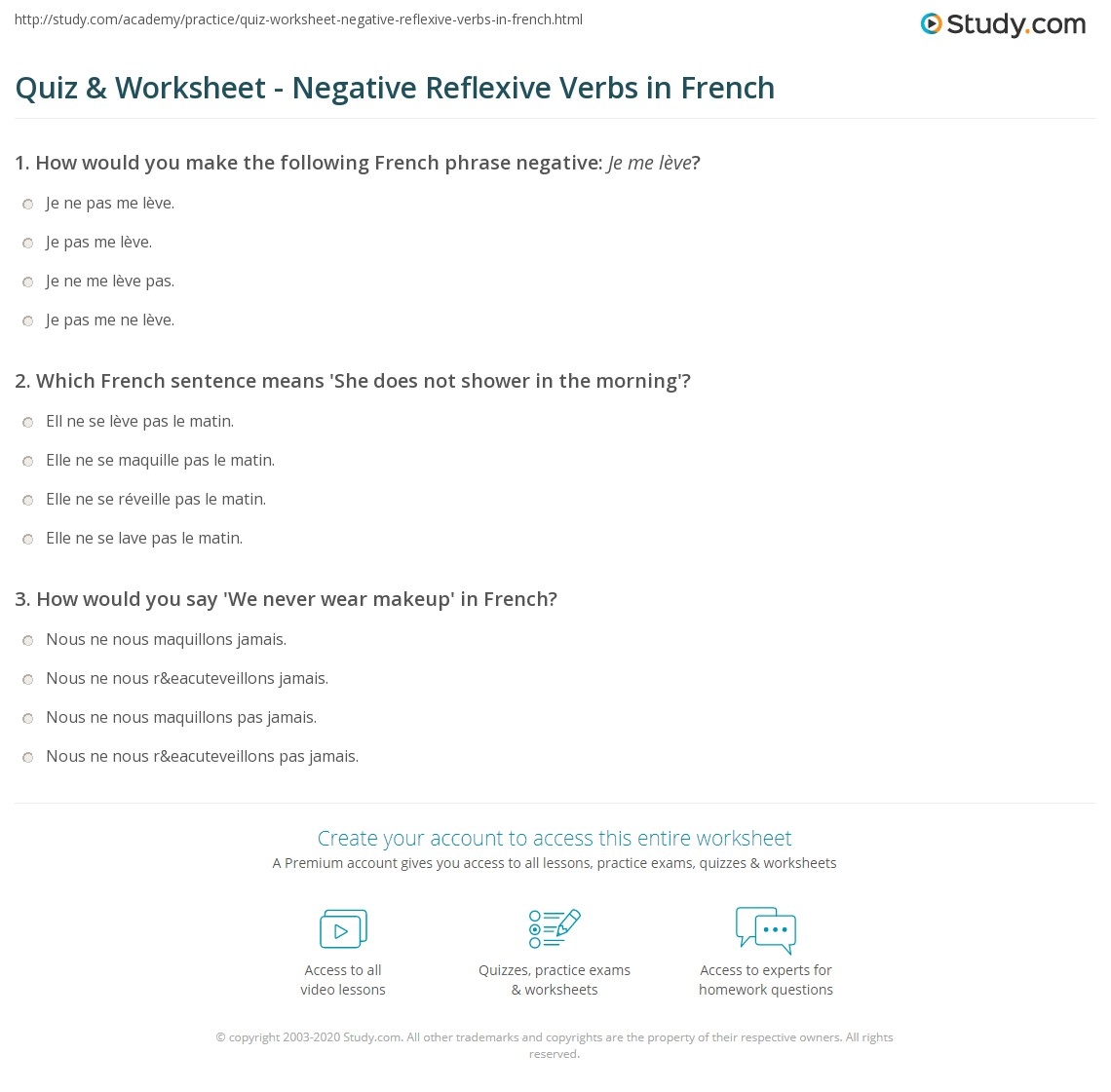 Quiz U0026 Worksheet Negative Reflexive Verbs In French Study