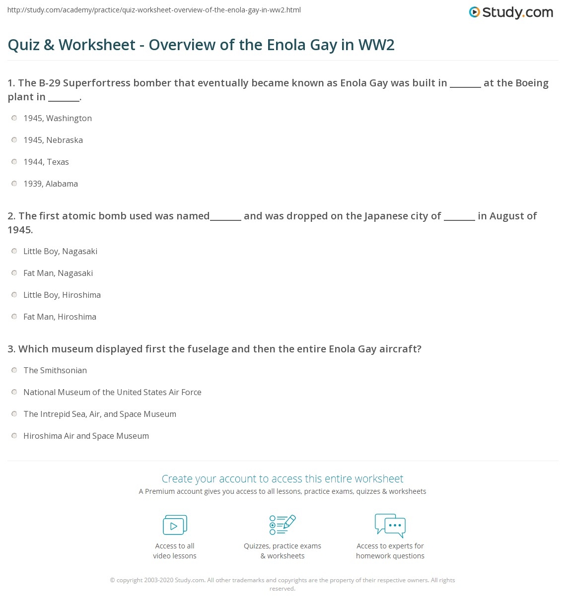 Quiz U0026 Worksheet Overview Of The Enola Gay In WW2 Study
