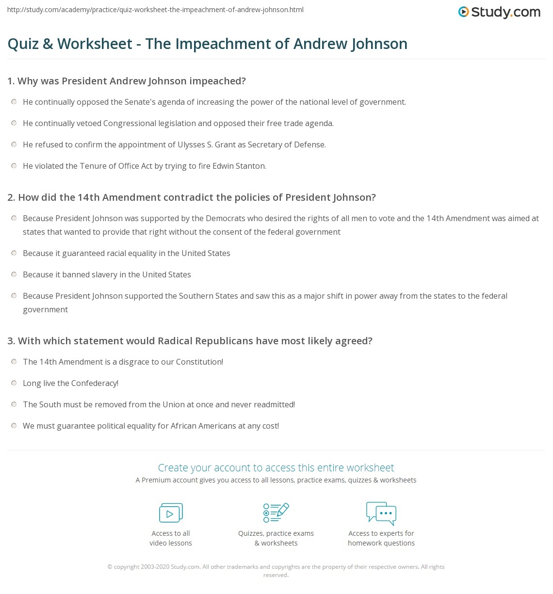 Quiz U0026 Worksheet The Impeachment Of Andrew Johnson Study