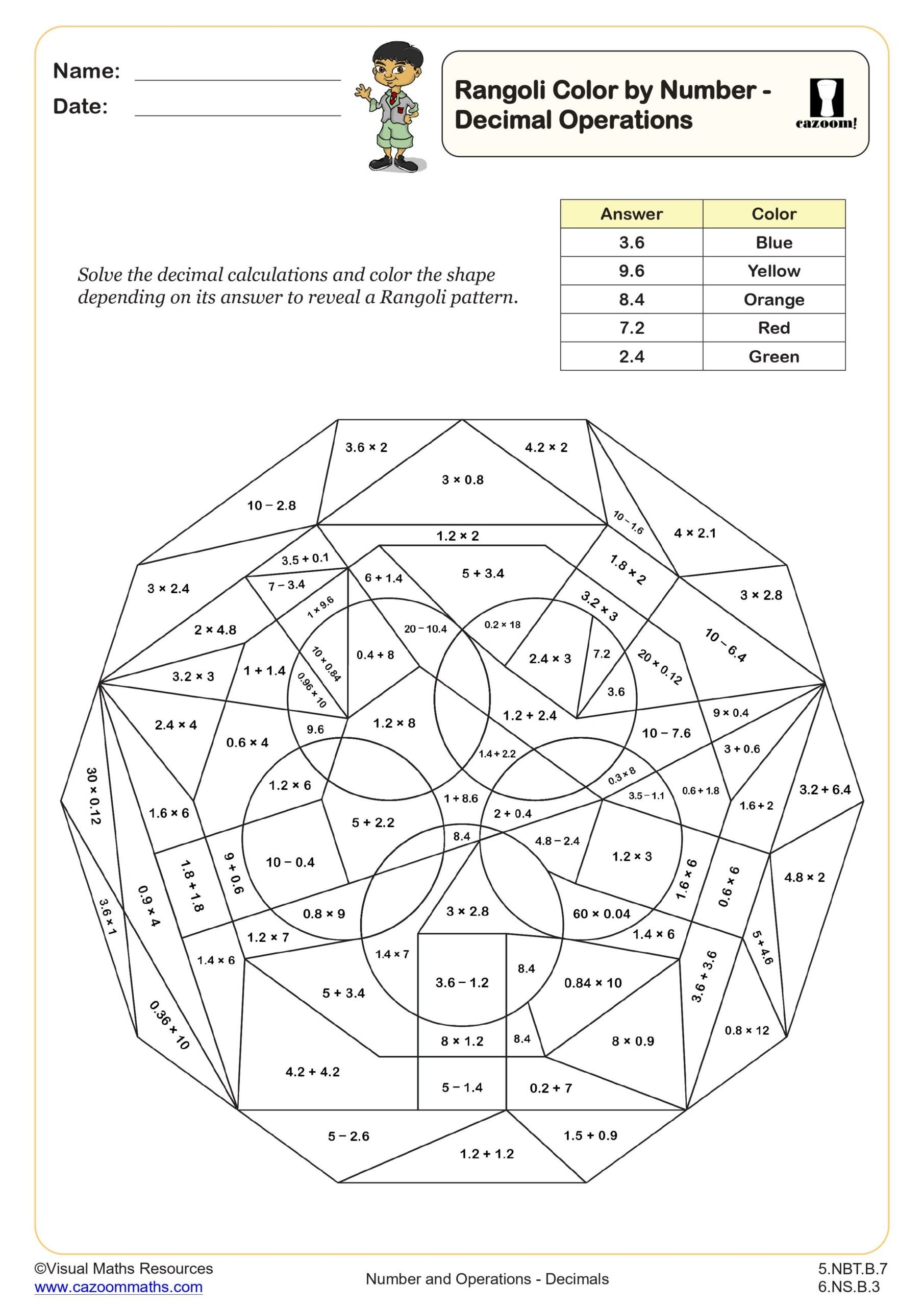 Rangoli Color By Number Decimal Operations Worksheet Printable 