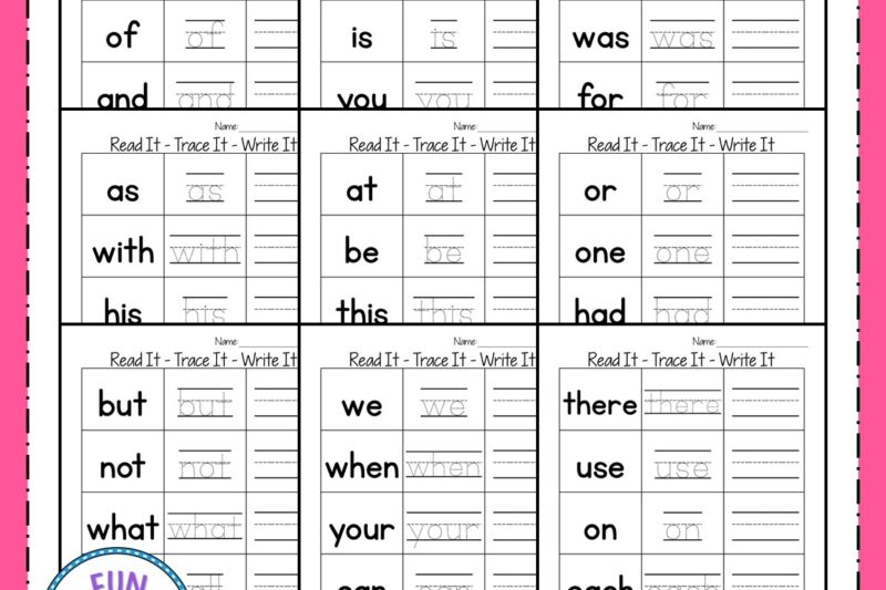 Kindergarten Sight Words Tracing Worksheets Printable