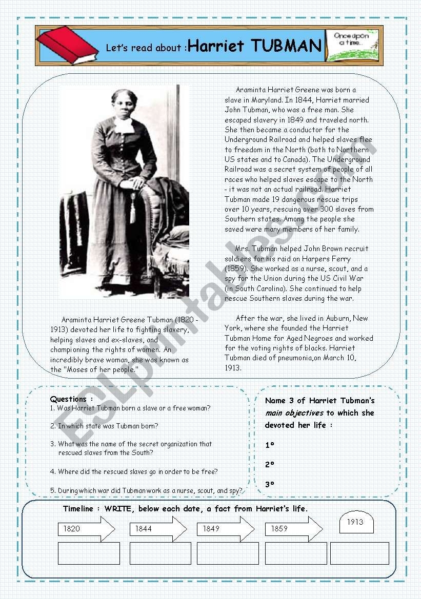Reader Short Biography On Harriet Tubman ESL Worksheet By Pelletrine