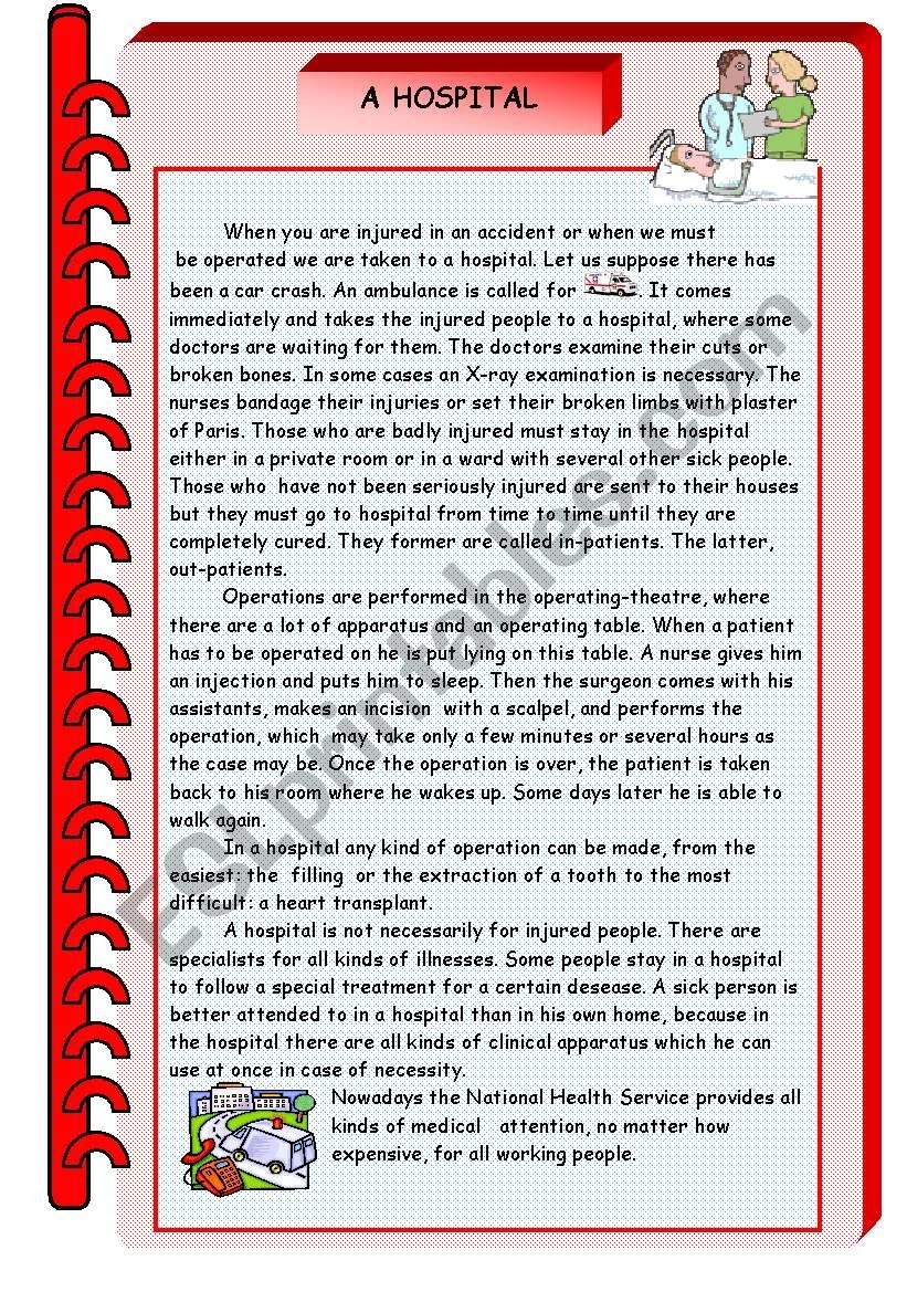 READING COMPREHENSION A HOSPITAL ESL Worksheet By Ballesteros