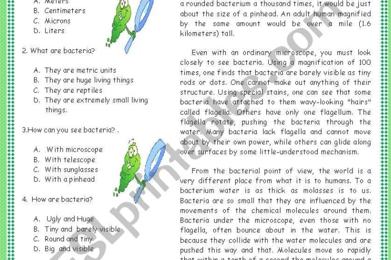 Bacteria Reading Comprehension Worksheet