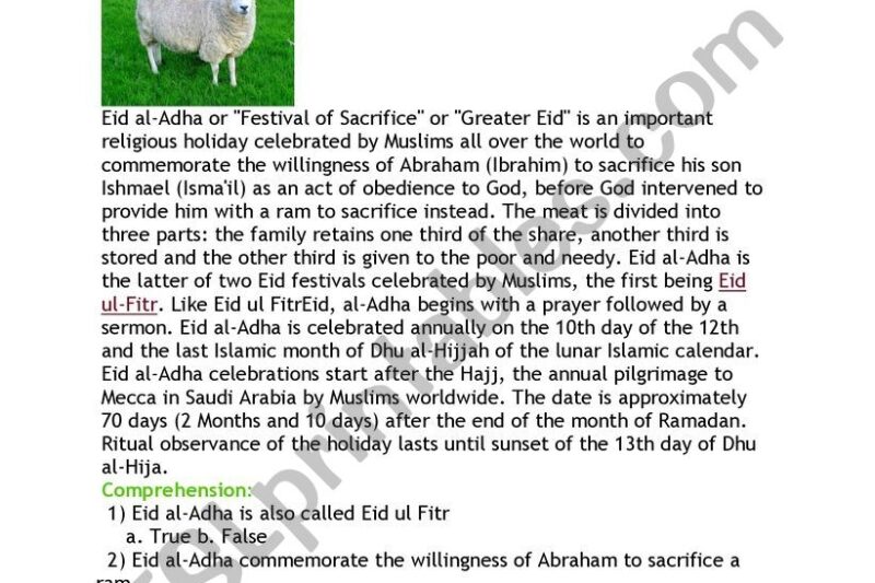 Eid Reading Comprehension Worksheet
