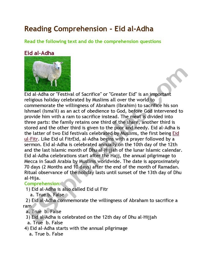 Reading Comprehension Eid Al Adha ESL Worksheet By Begona9