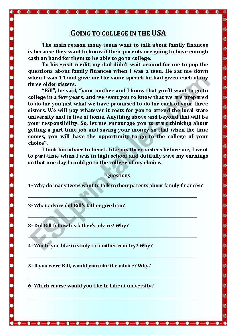 Reading Comprehension Going To College In The USA ESL Worksheets Library