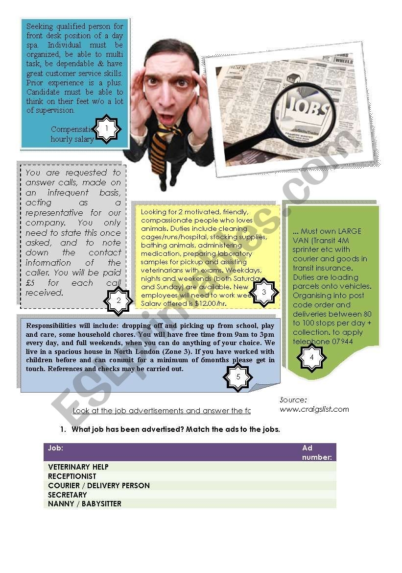 Reading Comprehension Job Advertisements ESL Worksheet By Seanka