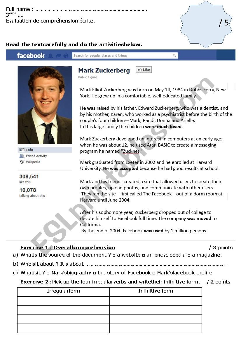 Reading Comprehension Mark Zuckerberg ESL Worksheet By Lifeloveuse