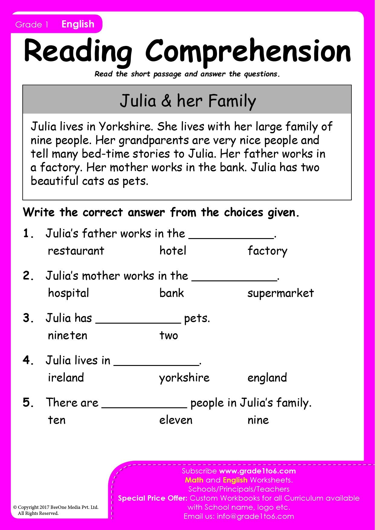 6th Grade Level Reading Comprehension Worksheets