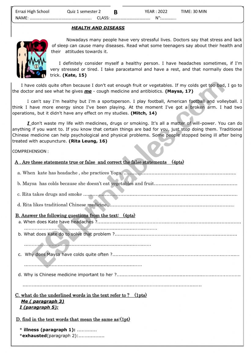 High School Health Reading Comprehension Worksheets