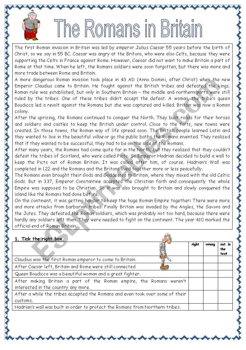 Reading Comprehension Romans In Britain ESL Worksheet By Janeausten8
