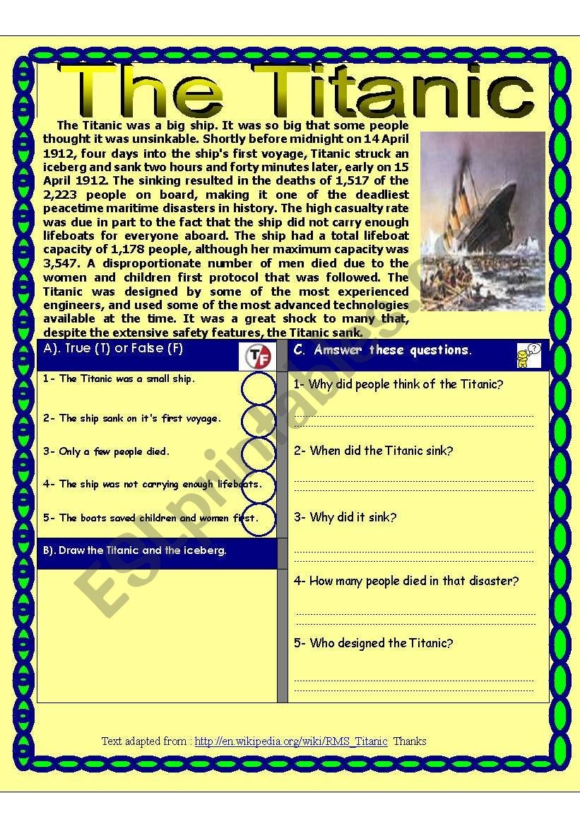 Reading Comprehension Test The Titanic Theme DISASTERS