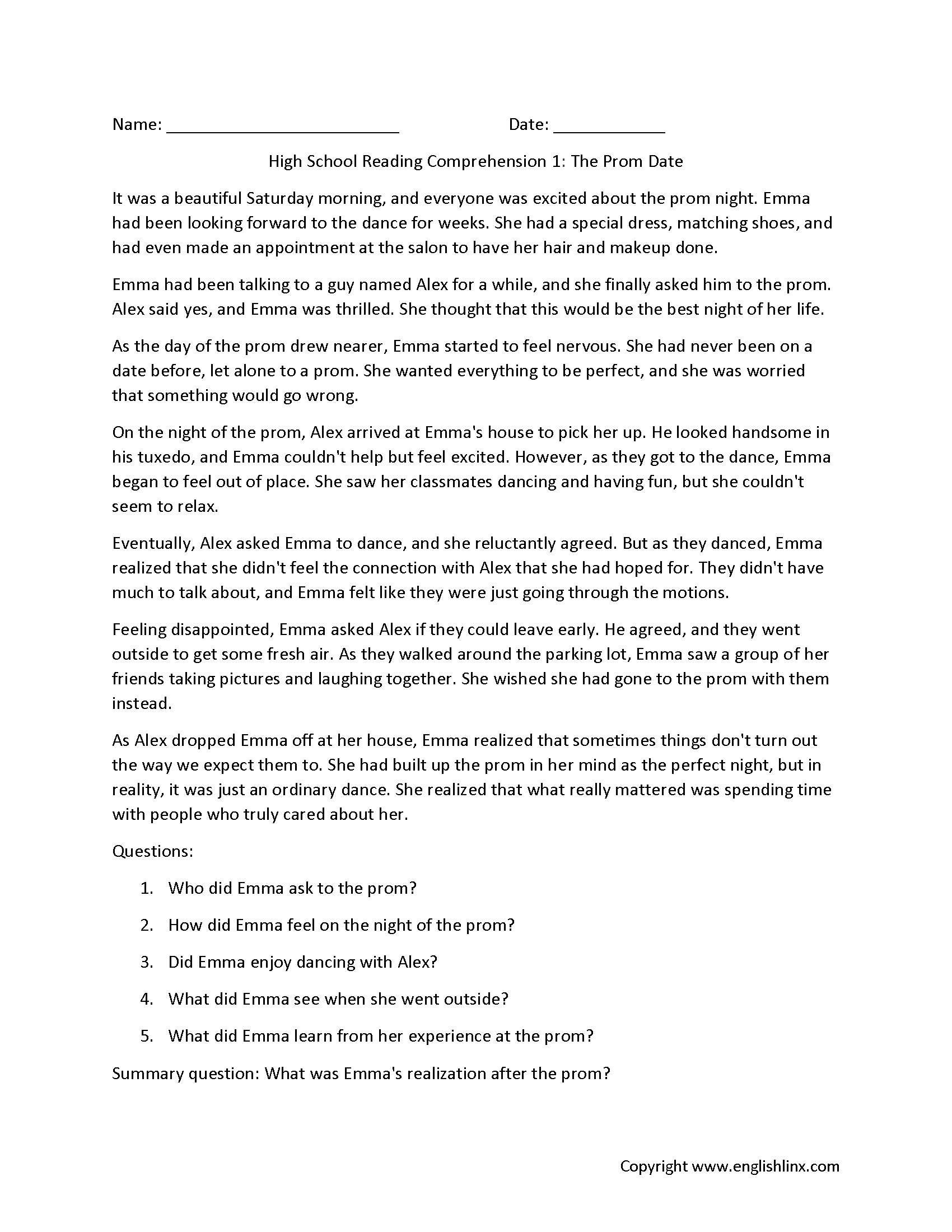 Reading Comprehension Worksheets High School Reading Comprehension Worksheets