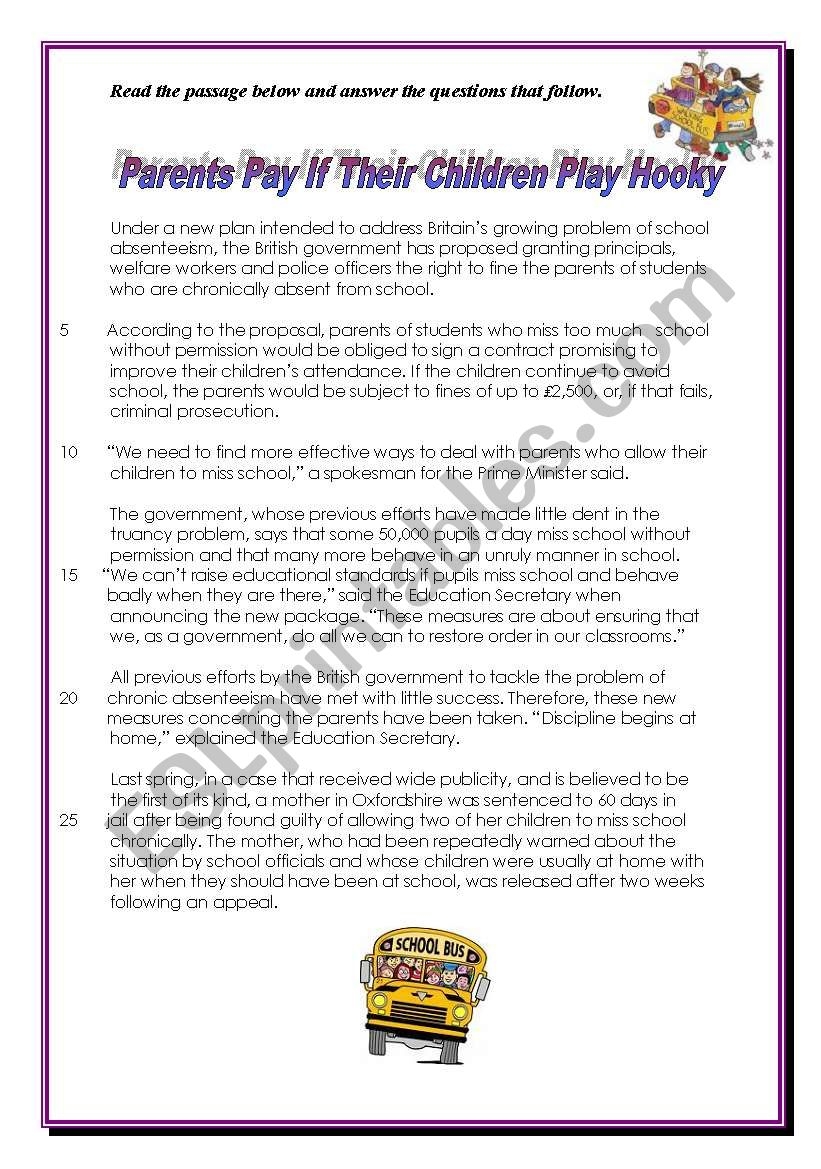 Reading Passage Parents Pay When Their Children Play Hooky ESL 