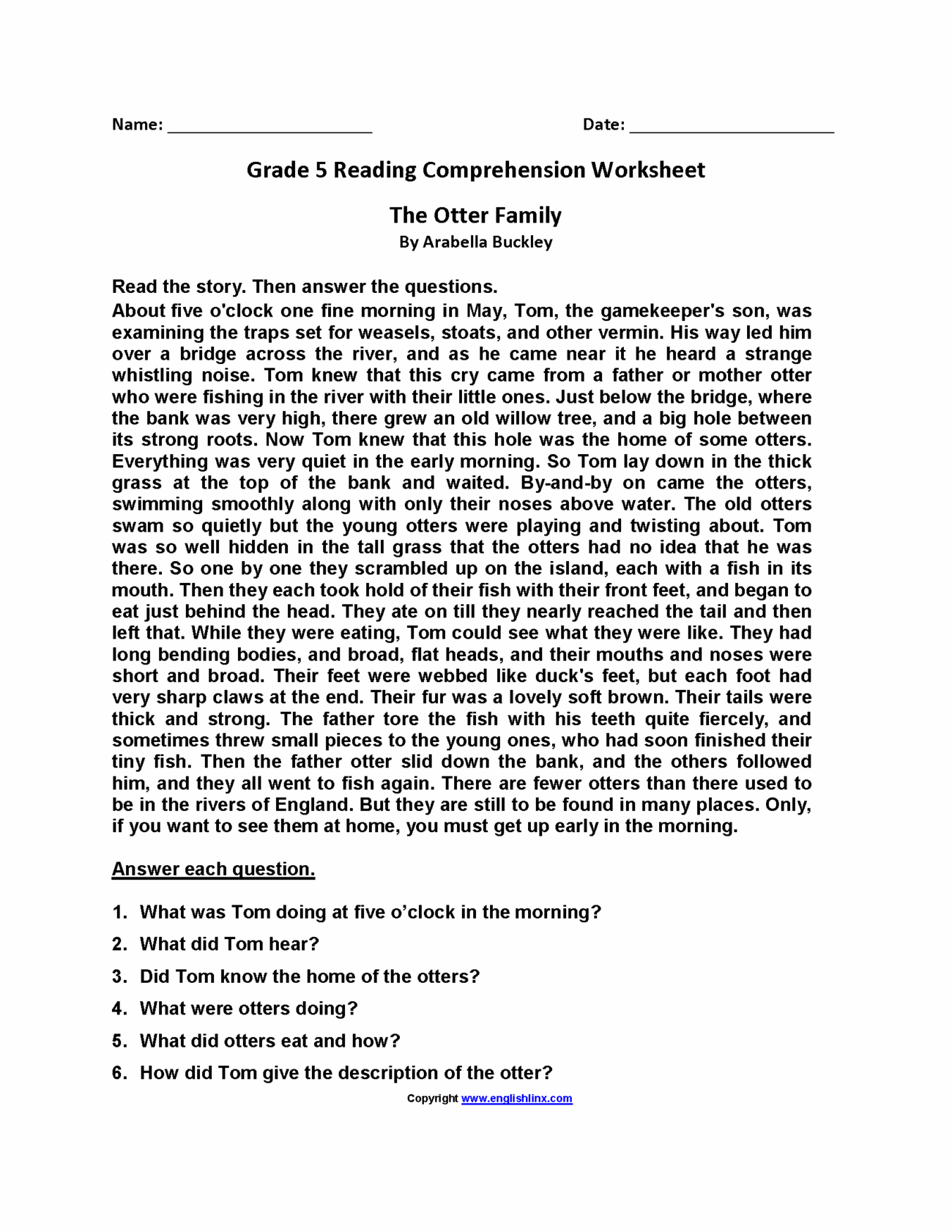 Reading Worksheets Fifth Grade Reading Worksheets
