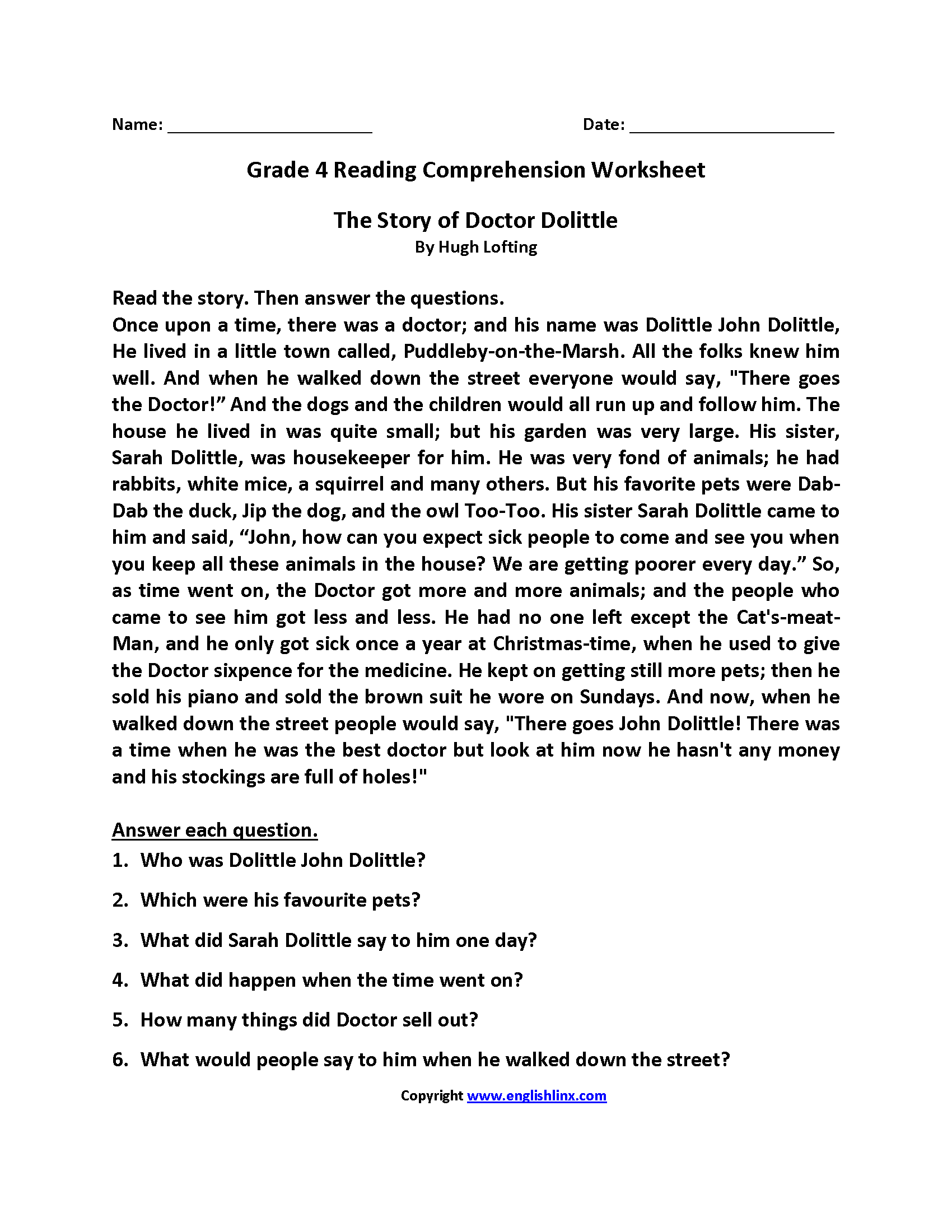4th Grade Reading Comprehension Worksheet