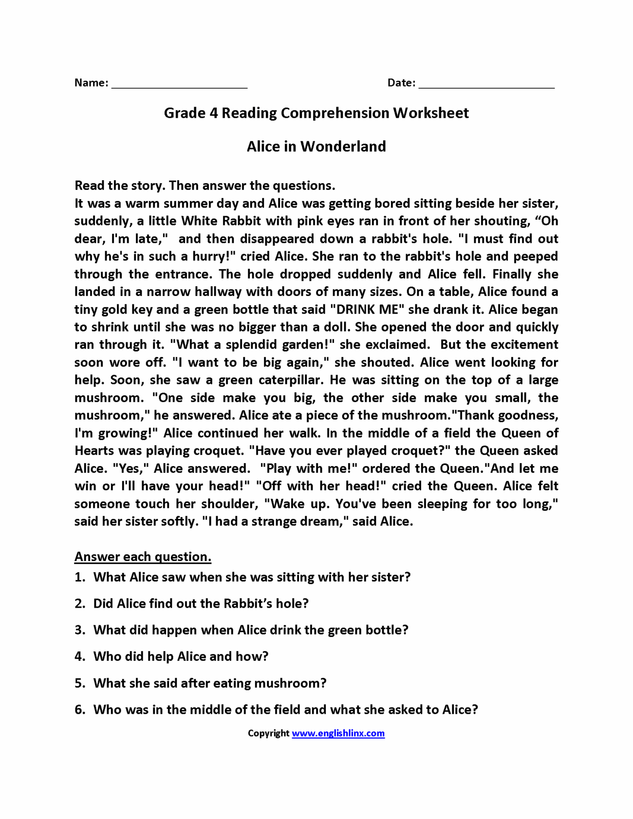 Reading Worksheets Fourth Grade Reading Worksheets