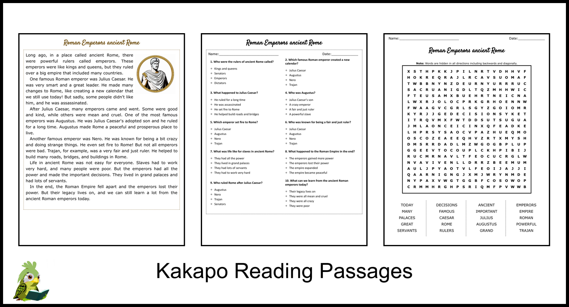Roman Emperors Ancient Rome Reading Comprehension And Word Search Teaching Resources