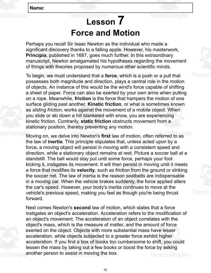 Science Reading Passage 7 Force And Motion PDF