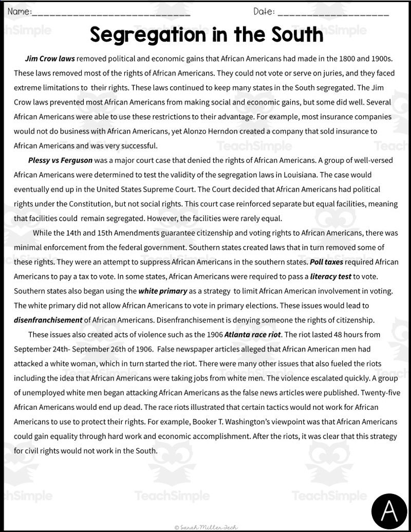 Segregation In The South Reading Packet Segregation In The South Reading Packet
