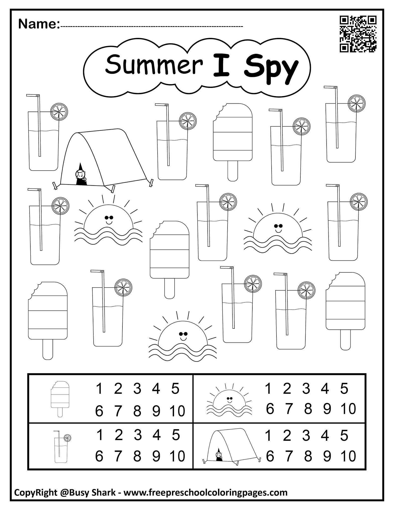 Set Of Summer I Spy Numbers Coloring Pages