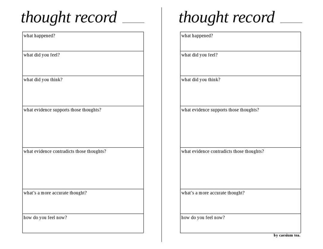 Simple Horizontal Thought Record Worksheet For Cognitive Behavioral Therapy CBT Mental Health Journaling Printable Half Letter Size Etsy