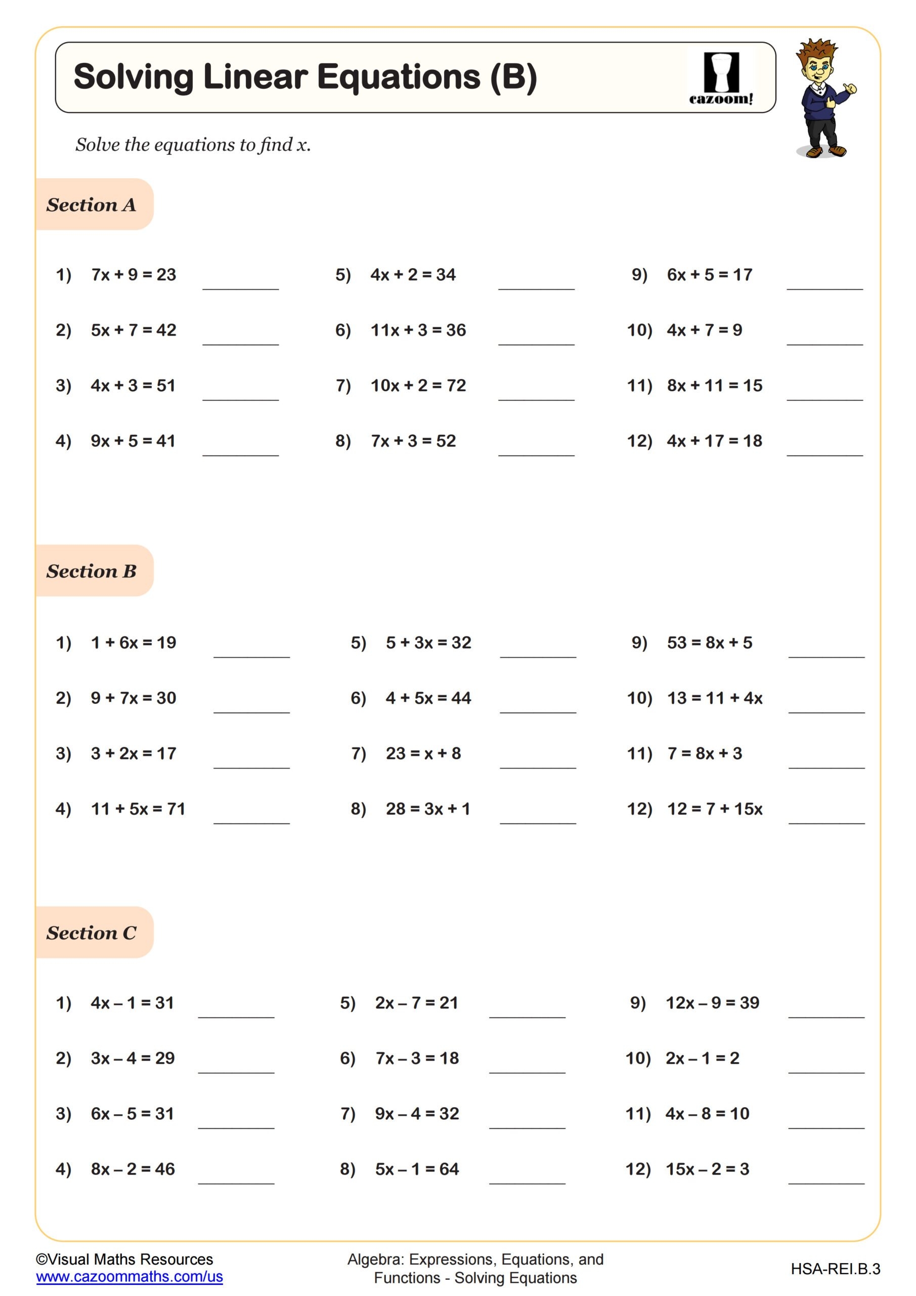 Solving Linear Equations B Worksheet PDF Printable Algebra Worksheet