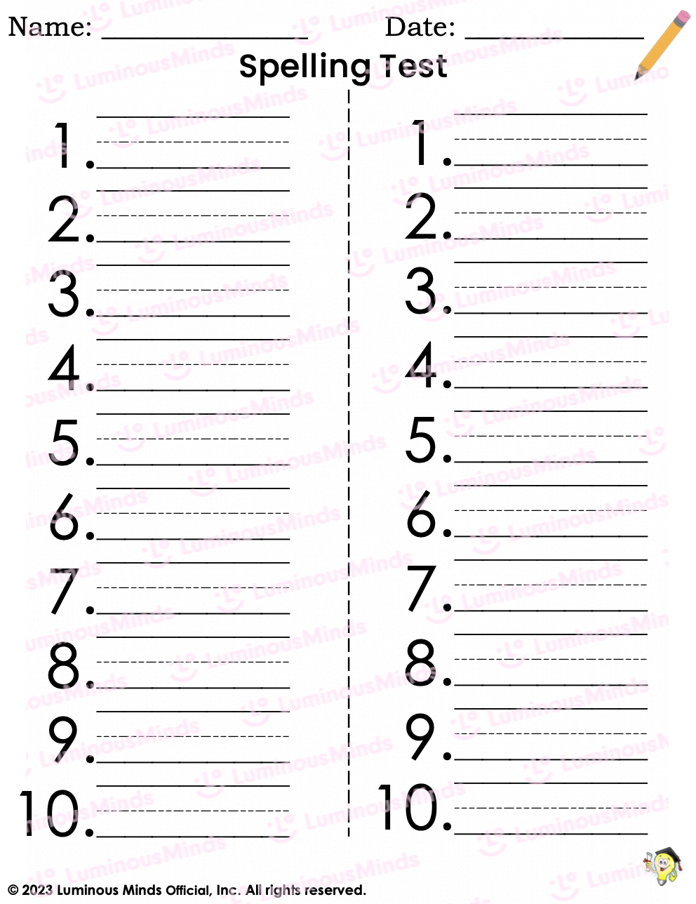 Spelling Test Paper Templates Set 1