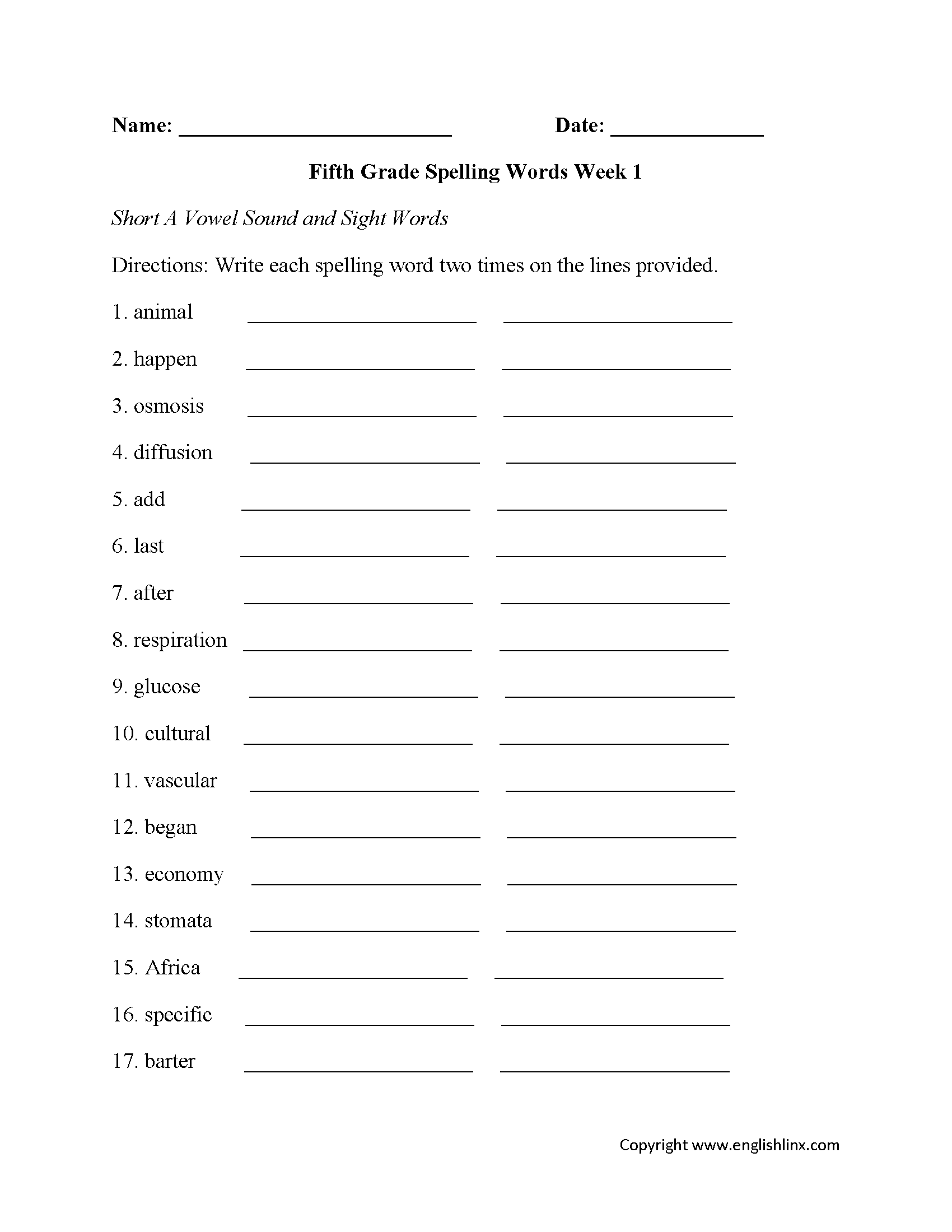 Spelling Worksheets Fifth Grade Spelling Worksheets