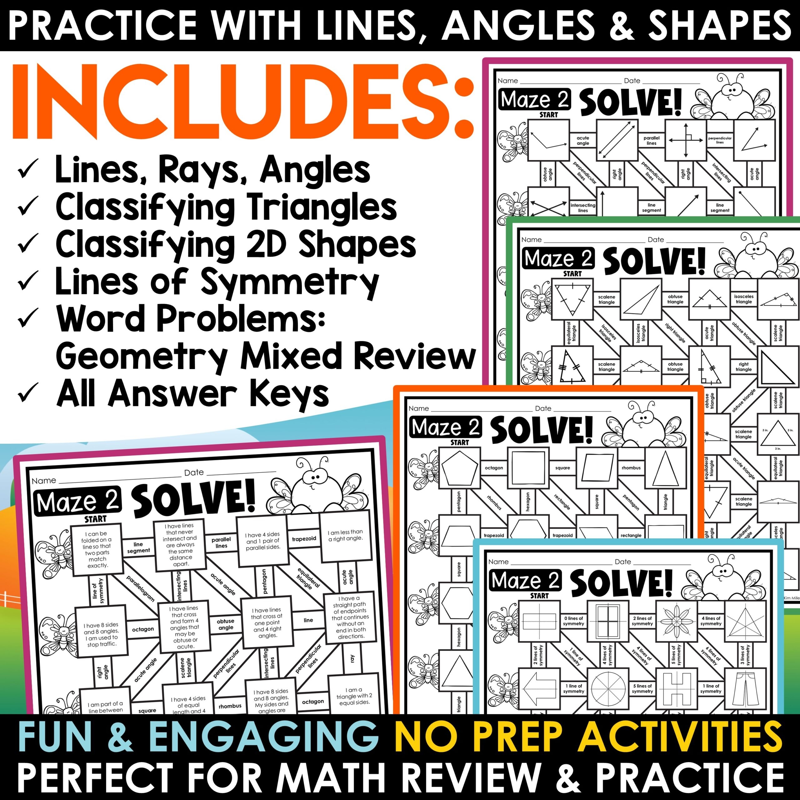 Spring Math Worksheets Geometry Review Angles 2D Shapes Worksheets Math Mazes A Love Of Teaching Kim Miller