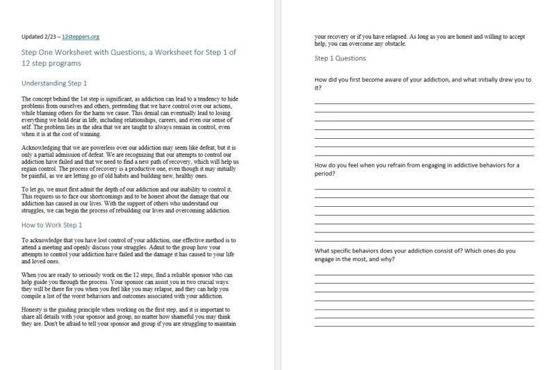 Free Printable Na 12 Step Worksheets