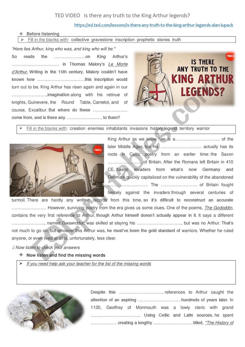 Ted Video Is There Any Truth To King Arthur Legends ESL Worksheet By Sldp