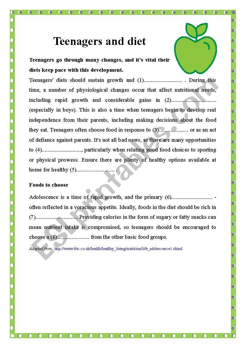 Teenagers And Diet Reading Comprehension ESL Worksheet By Bolisz