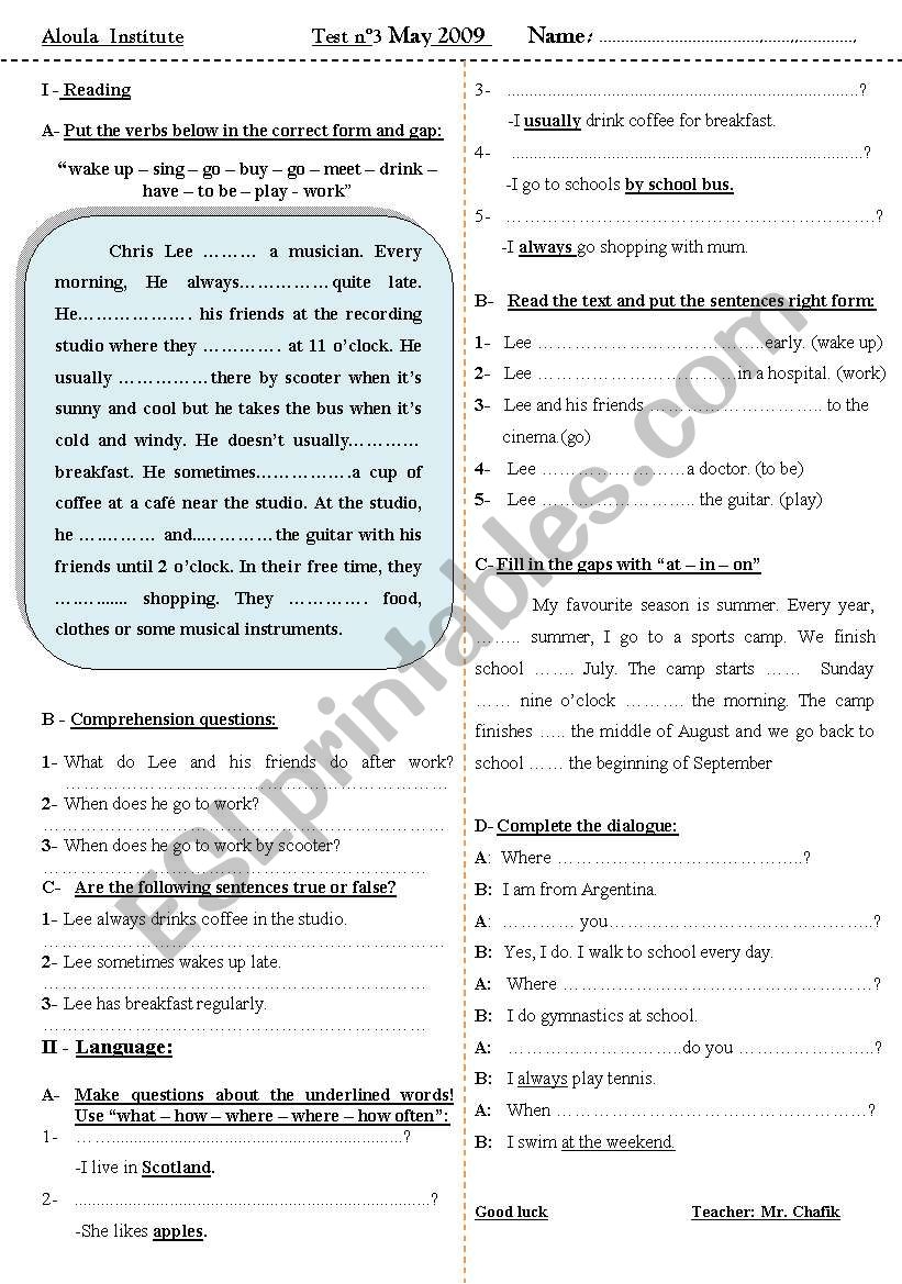 Test Reading Comprehension Grammar Dialogue Completion ESL Worksheet By Chafik Boufrioua