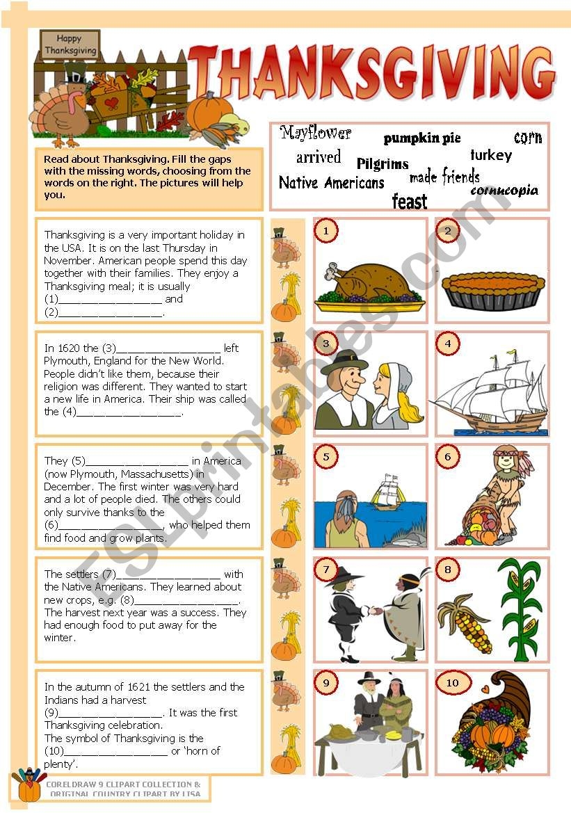 Free Printable Esl Thanksgiving Worksheets