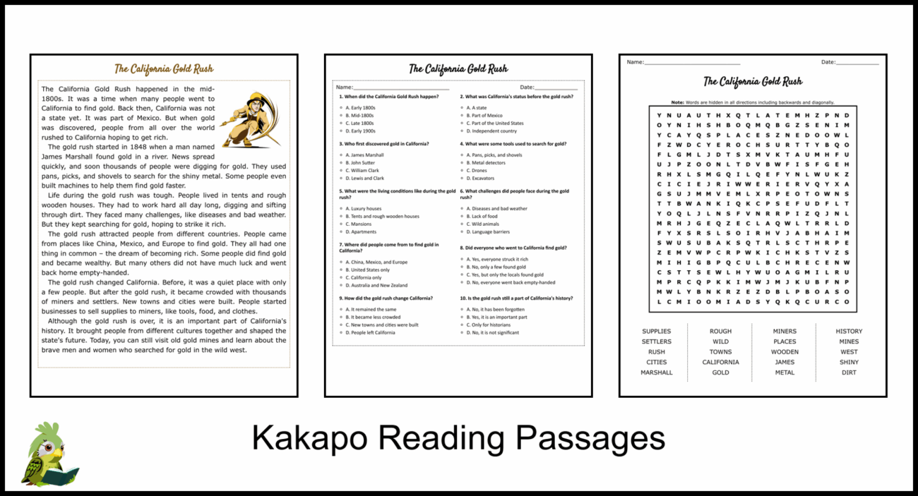 The California Gold Rush Reading Comprehension And Word Search