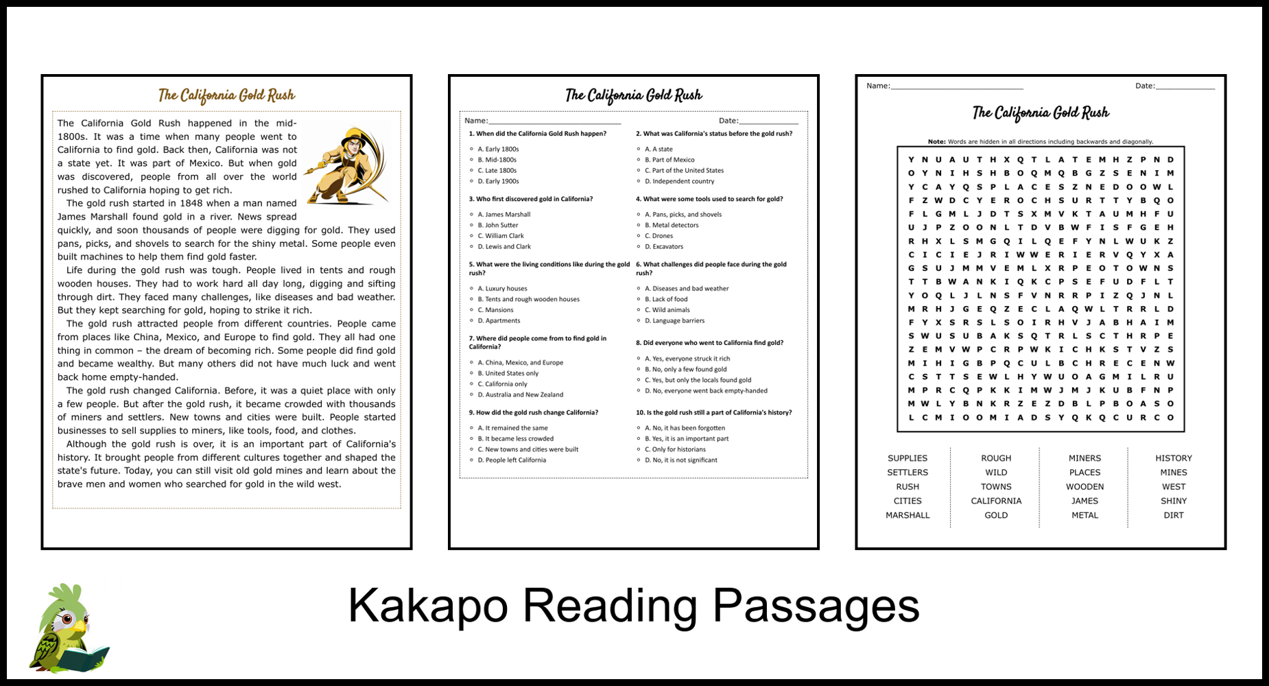The California Gold Rush Reading Comprehension And Word Search The California Gold Rush Reading Comprehension And Word Search