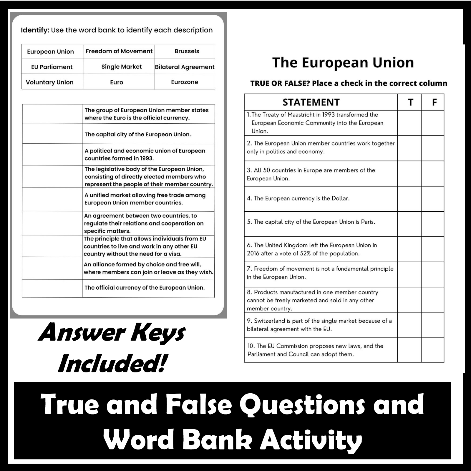 The European Union Reading Comprehension With Worksheets Word Bank And Key Made By Teachers The European Union Reading Comprehension With Worksheets Word Bank And Key Made By Teachers