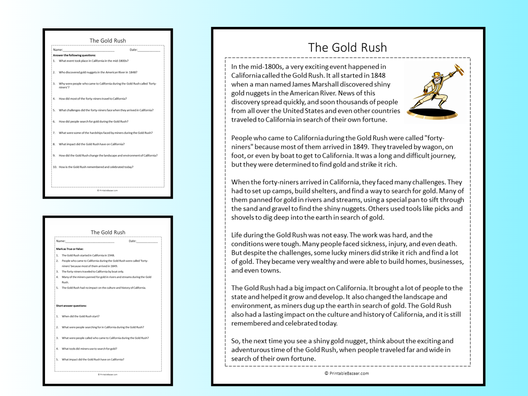 The Gold Rush Reading Comprehension Passage Printable Worksheet The Gold Rush Reading Comprehension Passage Printable Worksheet