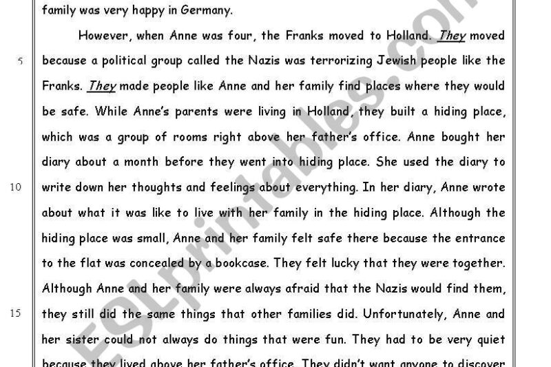 Anne Frank Reading Comprehension Worksheets