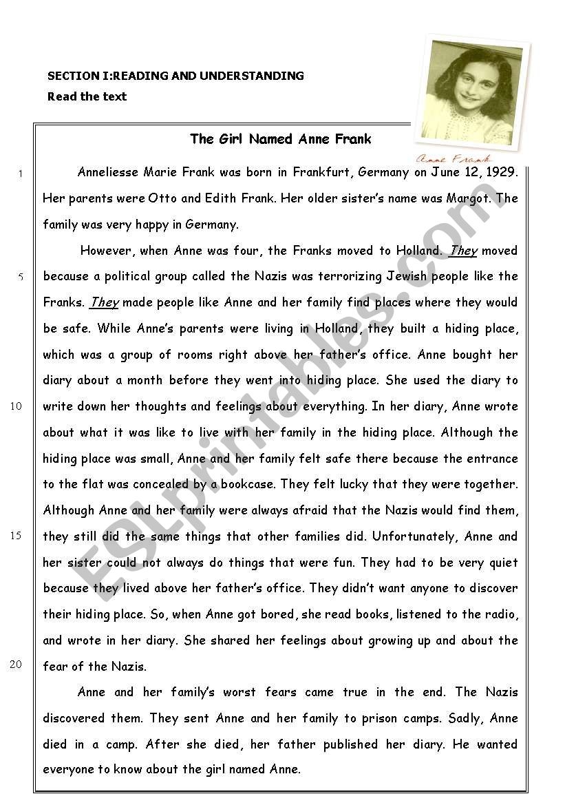 The Story Of Anne Frank Reading Comprehension ESL Worksheet By