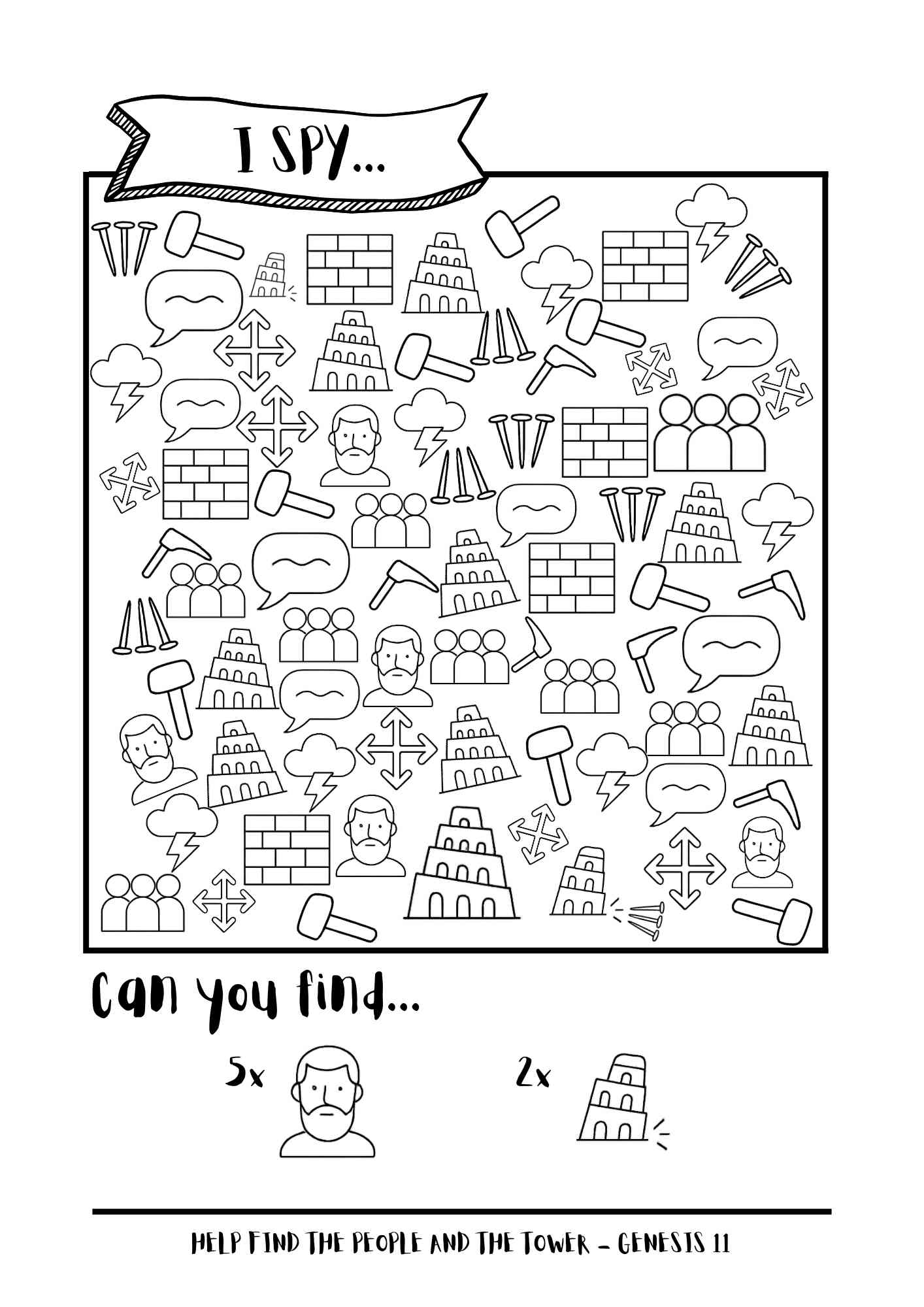 The Tower Of Babel Bible Themed I SPY Printable Activity Sheets 