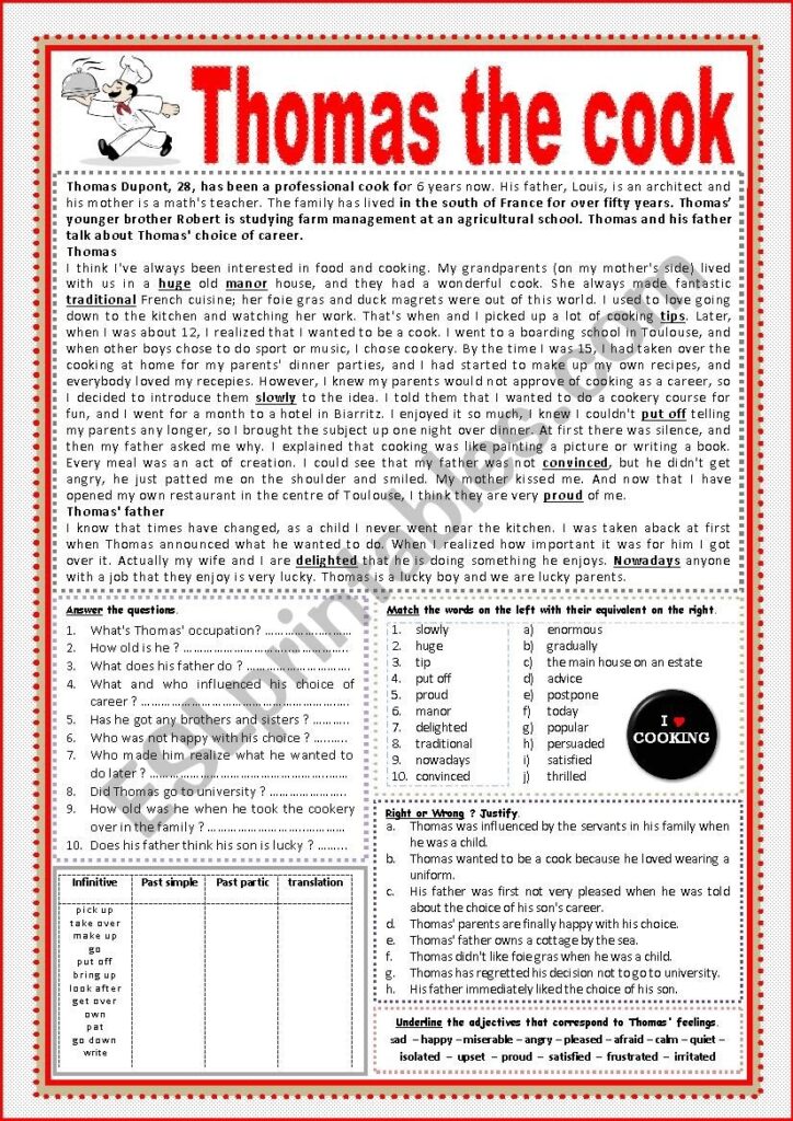 Cooking Reading Comprehension Worksheets - Worksheets Template Free