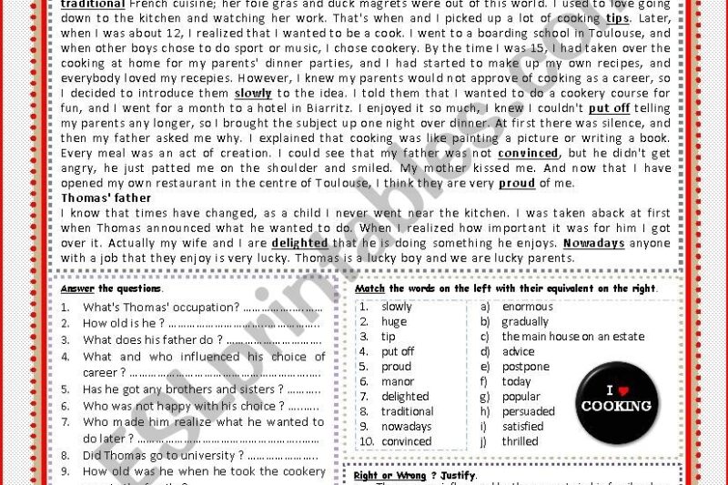 Cooking Reading Comprehension Worksheets